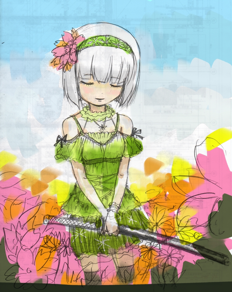 closed_eyes, dress, flower, hairband, headband, konpaku_youmu, ripu, smile