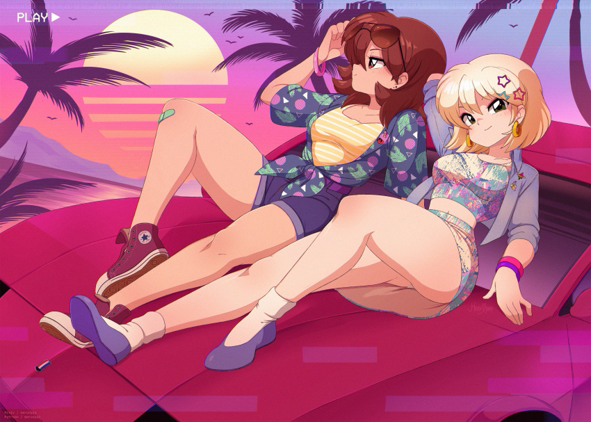 2019, 80s, artist_name, bandaid, bandaid_on_knee, bangs, blonde_hair, brown_eyes