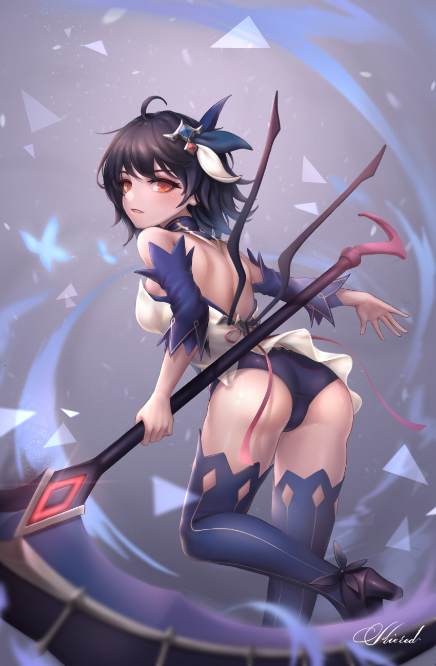 1girl, absurdres, ahoge, ass, bare_shoulders, benghuai_xueyuan, black_footwear, black_hair