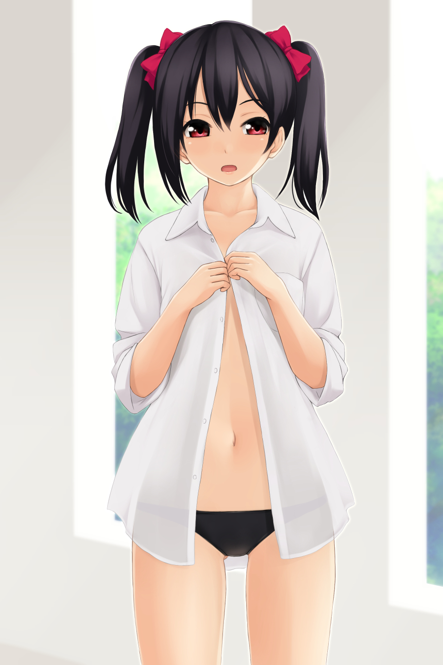 1girl, :o, ass_visible_through_thighs, bangs, black_hair, black_panties, blush, bow