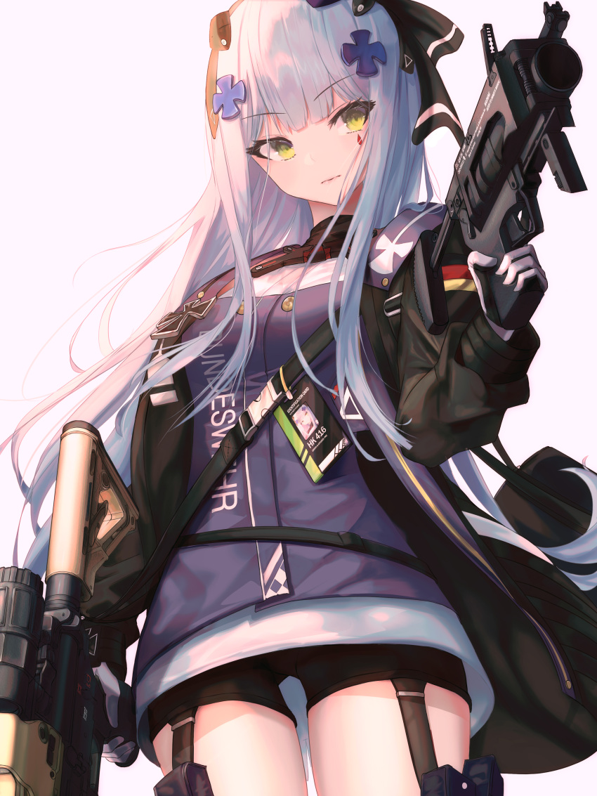 1girl, absurdres, assault_rifle, bangs, bike_shorts, black_shorts, blunt_bangs, breasts