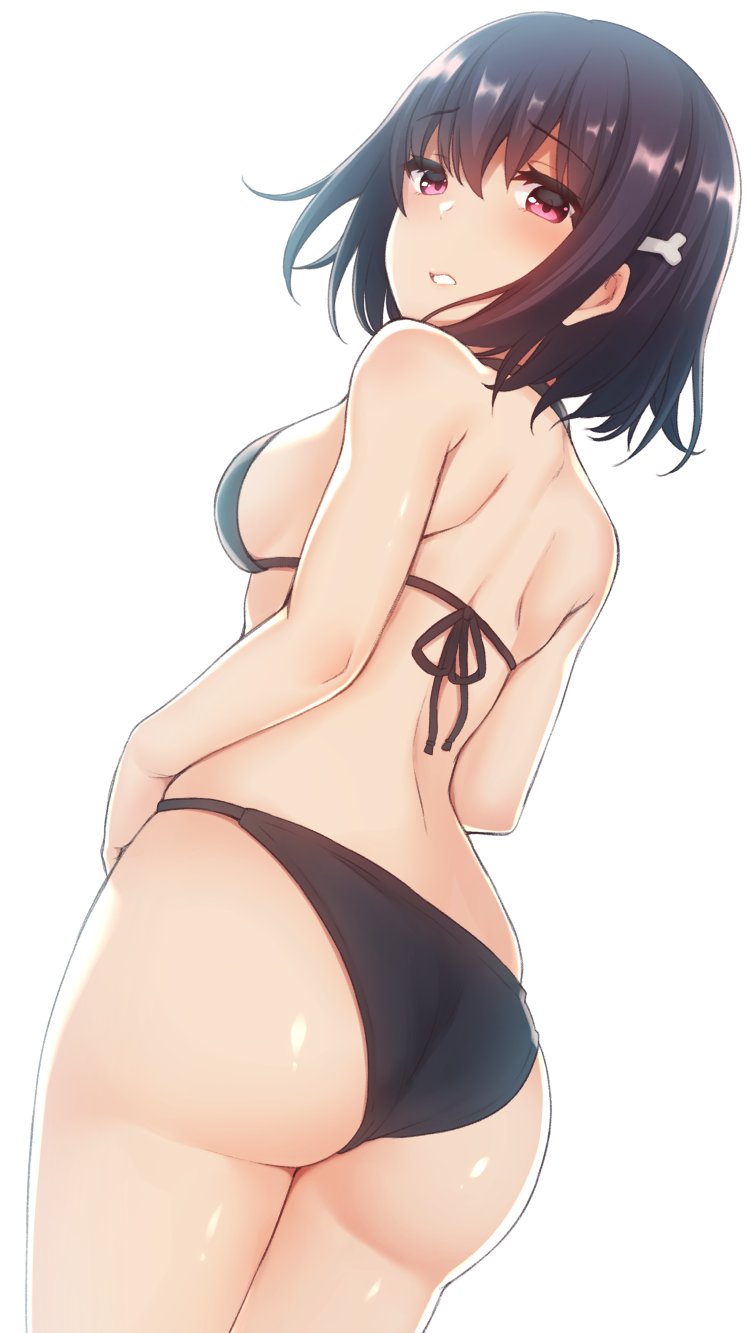 1girl, ass, back, bangs, bare_arms, bare_shoulders, bikini, black_bikini