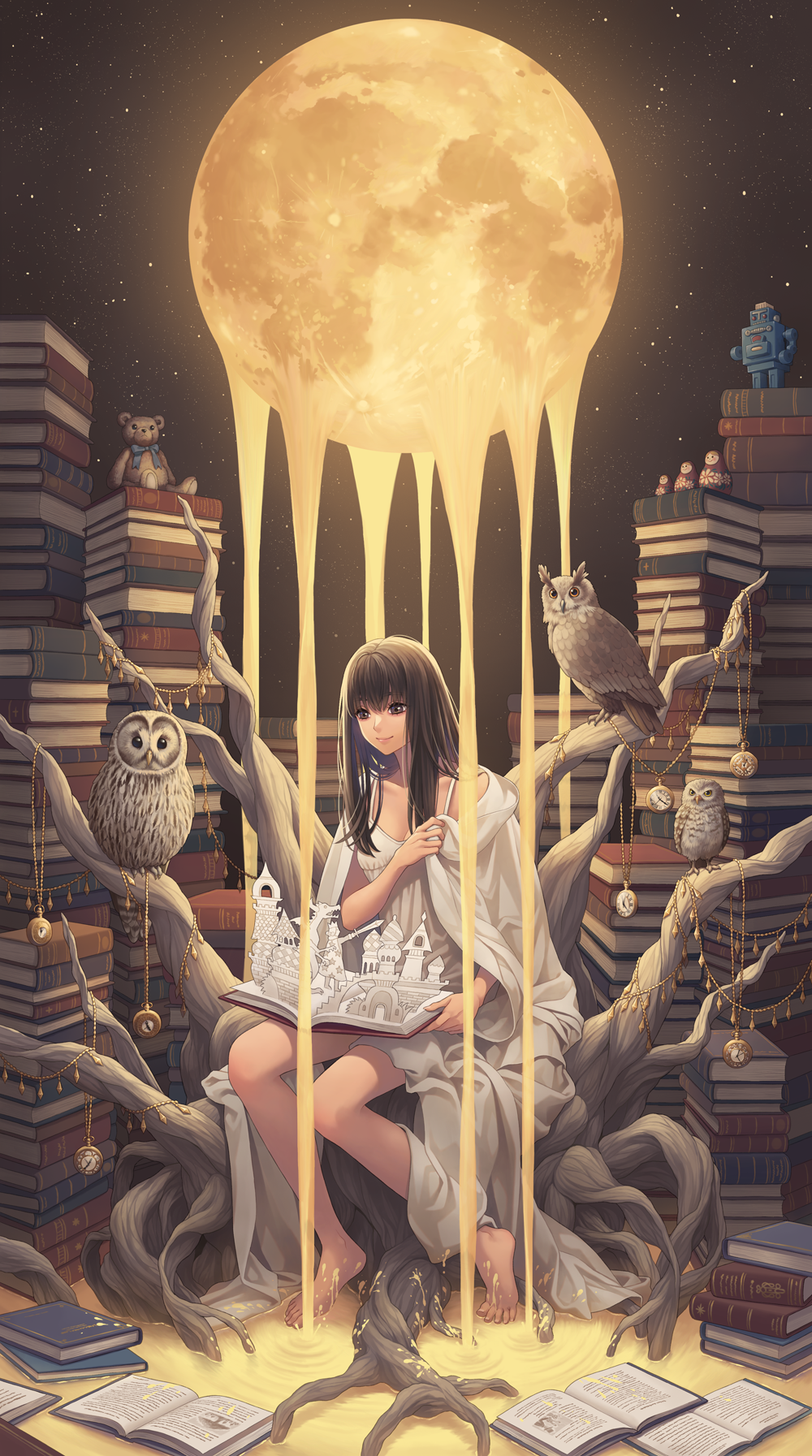 1girl, animal, bangs, bare_legs, bare_tree, barefoot, bird, book