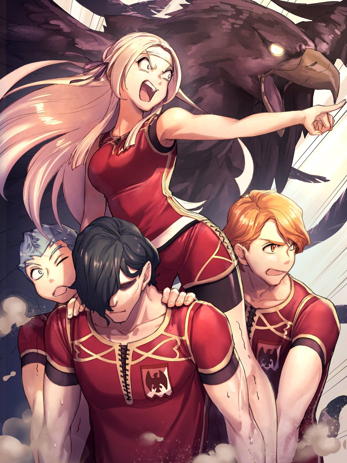 1girl, 3boys, animal, armpits, bird, black_hair, blue_hair, brown_hair