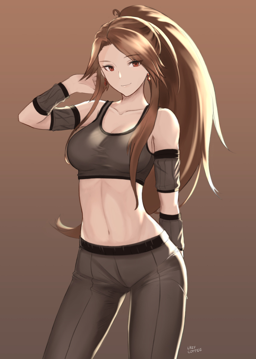 1girl, arm_up, artist_name, bare_shoulders, breasts, brown_background, brown_hair, brown_pants