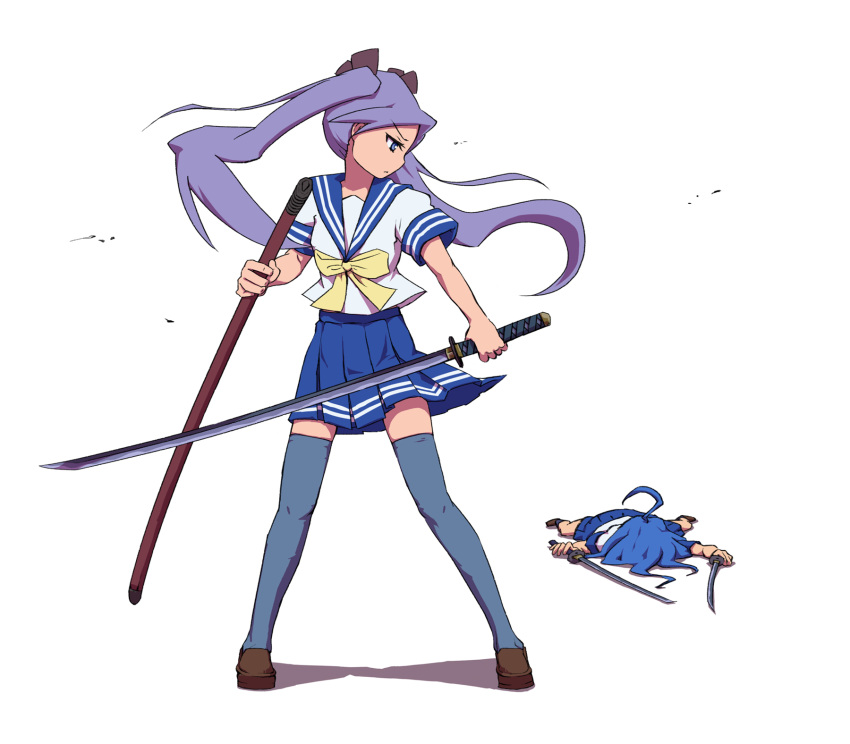 bad_id, faceplant, goodsleeep, highres, hiiragi_kagami, izumi_konata, katana, lucky_star, lying, on_stomach, purple_hair, school_uniform, separated_legs, sword, thigh-highs, thighhighs, twintails, weapon, zettai_ryouiki