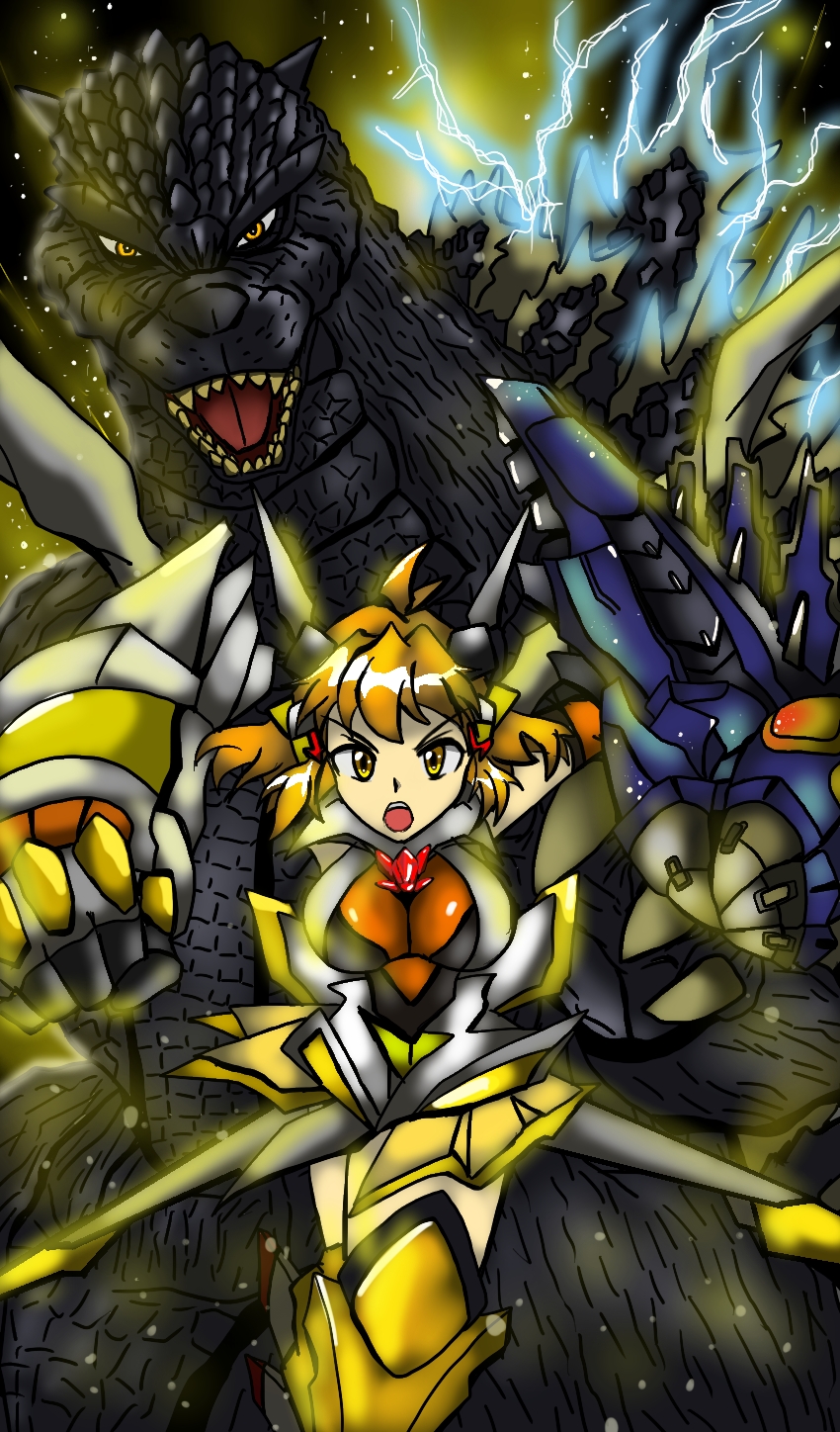 19841996, 1girl, bodysuit, breasts, brown_hair, claws, crossover, fangs