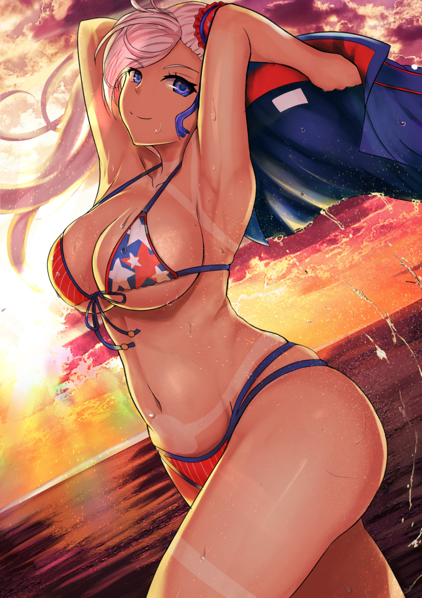 1girl, american_flag_bikini, araimooah, armpits, arms_up, asymmetrical_hair, bangs, bikini