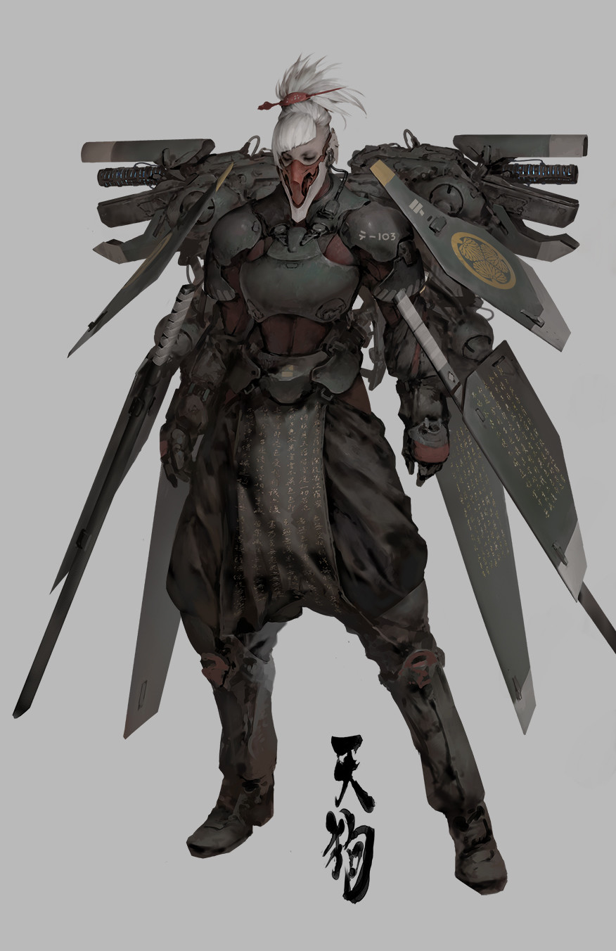 1girl, armor, bow, closed_eyes, face_mask, full_body, grey_background, hair_bow