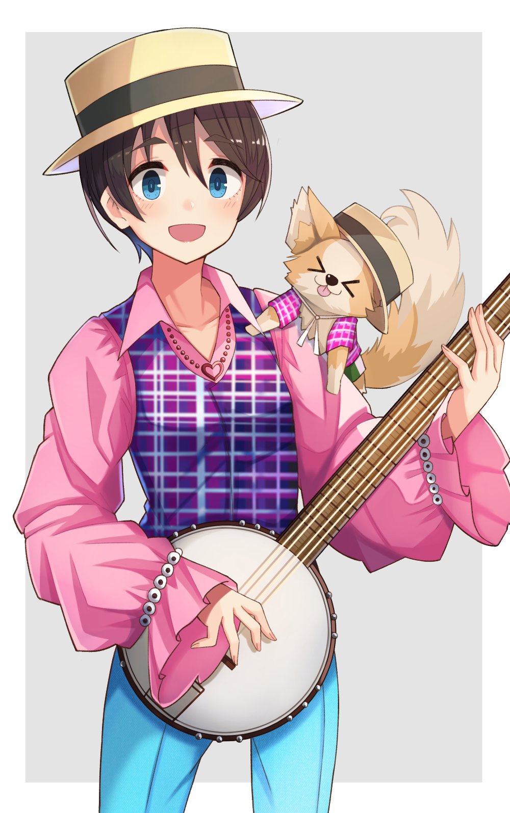 >_<, 1girl, :d, banjo, brown_eyes, brown_hair, chikuwa_(yurucamp), cowboy_shot