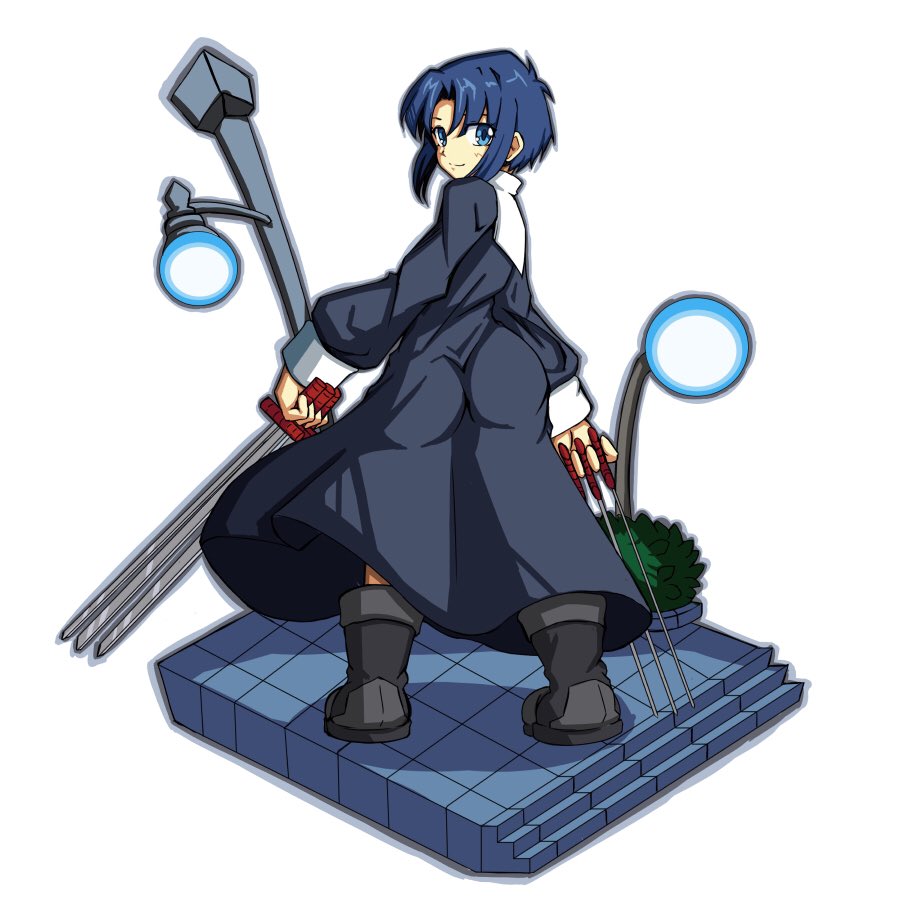 1girl, ass, black_keys, blue_eyes, blue_hair, breasts, bush, ciel, dress, elnido_koles, floor, lamp, lamppost, lights, long_sleeves, looking_at_viewer, looking_back, medium_breasts, melty_blood, nun, short_hair, solo, tsukihime, type-moon, weapon