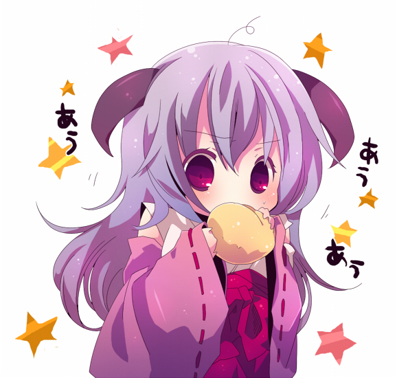 ana_(artist), bangs, blush, chibi, eating, food, hanyuu, higurashi_no_naku_koro_ni, horns, long_hair, purple_eyes, purple_hair, solo, star, violet_eyes