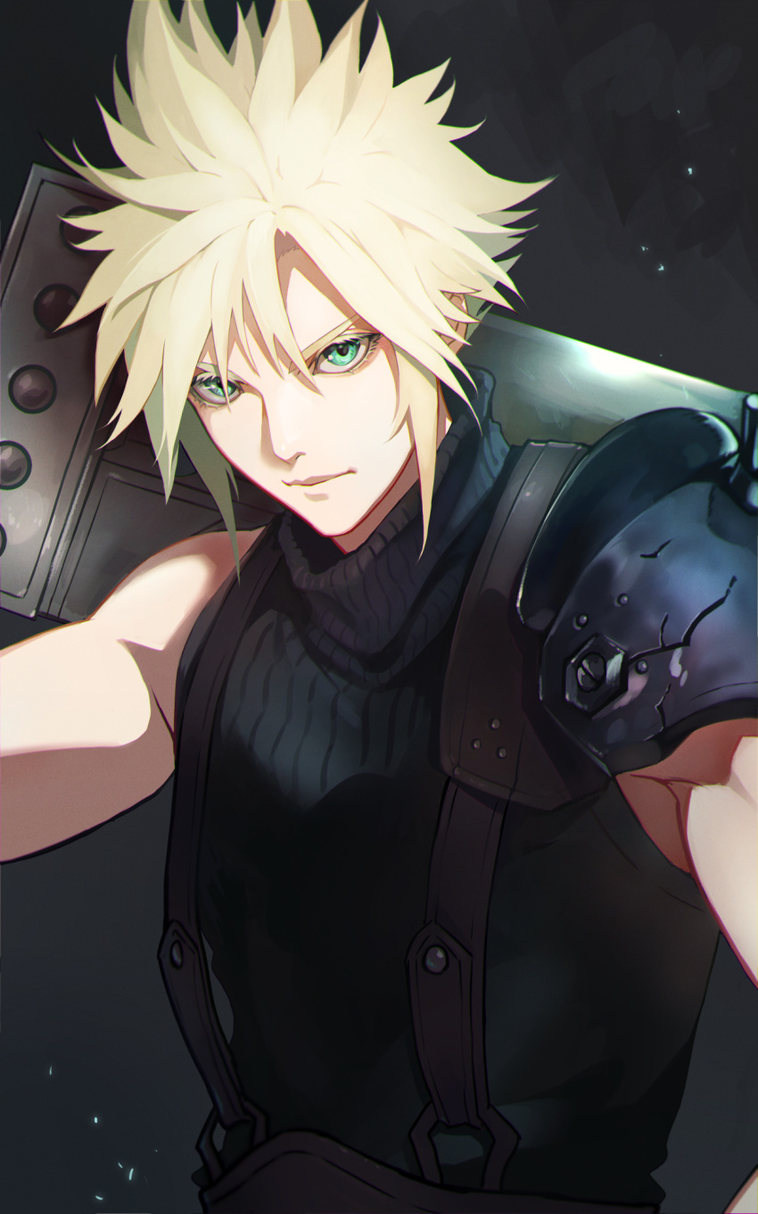 1boy, bare_shoulders, blonde_hair, buster_sword, cloud_strife, cracked, eito_nishikawa, final_fantasy