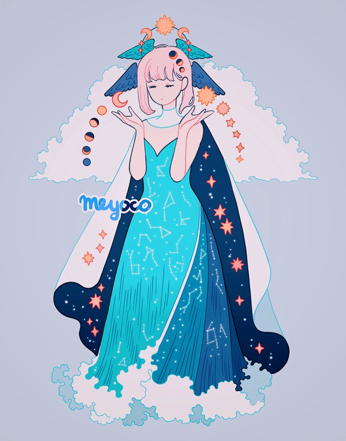 1girl, artist_name, bangs, blue_dress, blue_wings, cape, closed_eyes, clouds