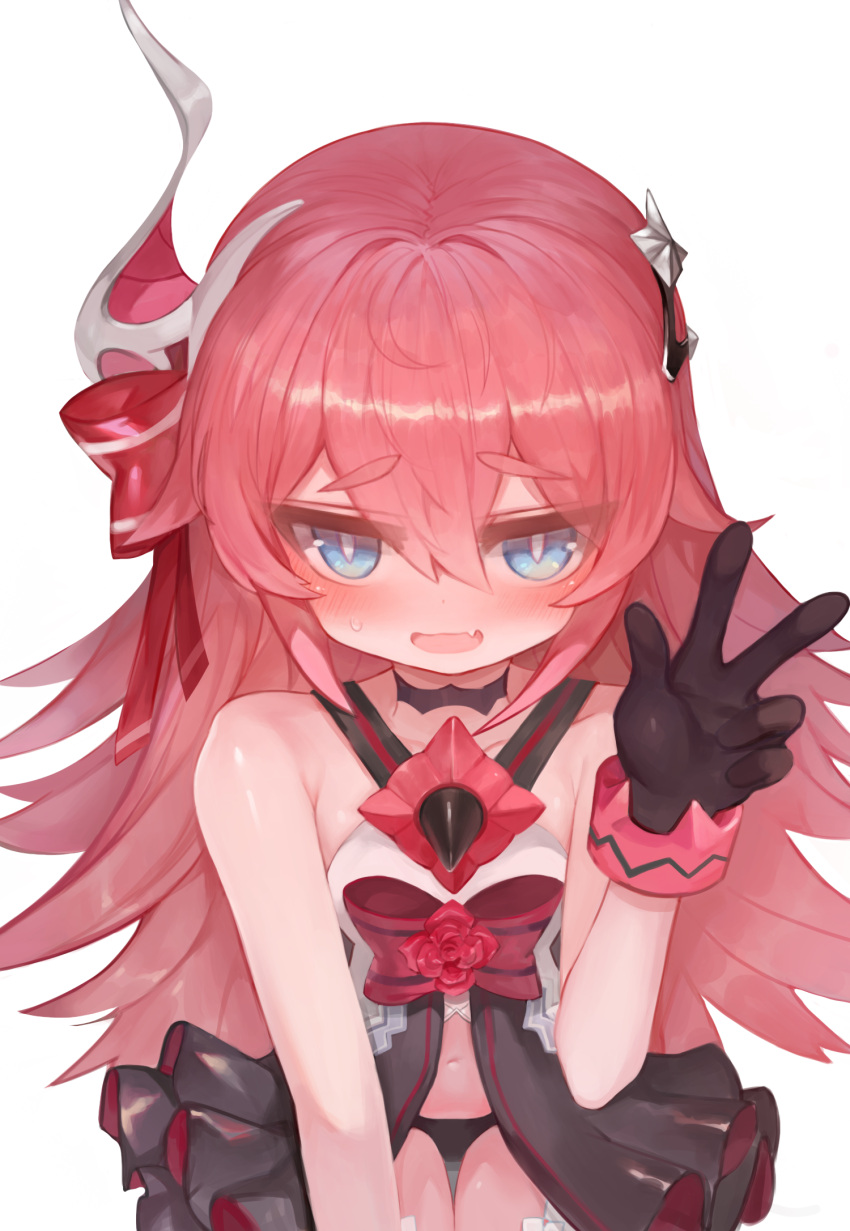 1girl, bare_shoulders, black_gloves, blue_eyes, commentary_request, dokomon, fang, flower