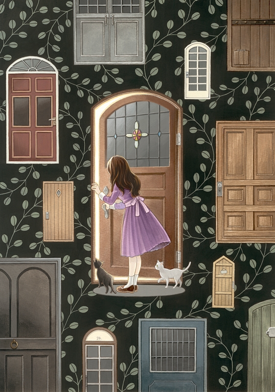 1girl, acrylic_paint_(medium), back_bow, black_cat, bow, brown_footwear, brown_hair, cat, commentary, door, dress, from_behind, leaf, leaf_background, leaning_forward, long_hair, long_sleeves, opening_door, original, purple_bow, purple_dress, shoes, socks, suijou_ai, traditional_media, white_cat, white_legwear