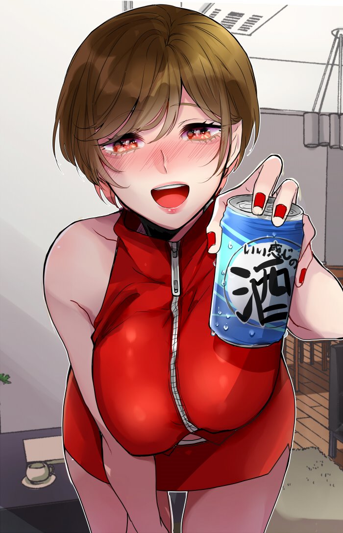1girl, :d, alcohol, bangs, beer, beer_can, breasts, brown_hair, can, commentary_request, crop_top, cup, earrings, eyebrows_visible_through_hair, holding, holding_can, indoors, itoko_(i_t_k), jewelry, large_breasts, leaning_forward, meiko, miniskirt, open_mouth, red_nails, rug, short_hair, skirt, smile, soda_can, table, vocaloid, wooden_floor