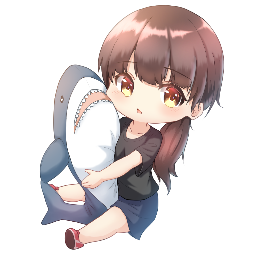 1girl, bangs, black_shirt, blue_shorts, blush, brown_eyes, brown_hair, chibi, collarbone, commentary_request, copyright_request, eyebrows_visible_through_hair, full_body, karorena, long_hair, low_ponytail, object_hug, parted_lips, ponytail, red_footwear, shirt, shoe_soles, shoes, short_sleeves, shorts, simple_background, sitting, solo, stuffed_animal, stuffed_shark, stuffed_toy, very_long_hair, white_background