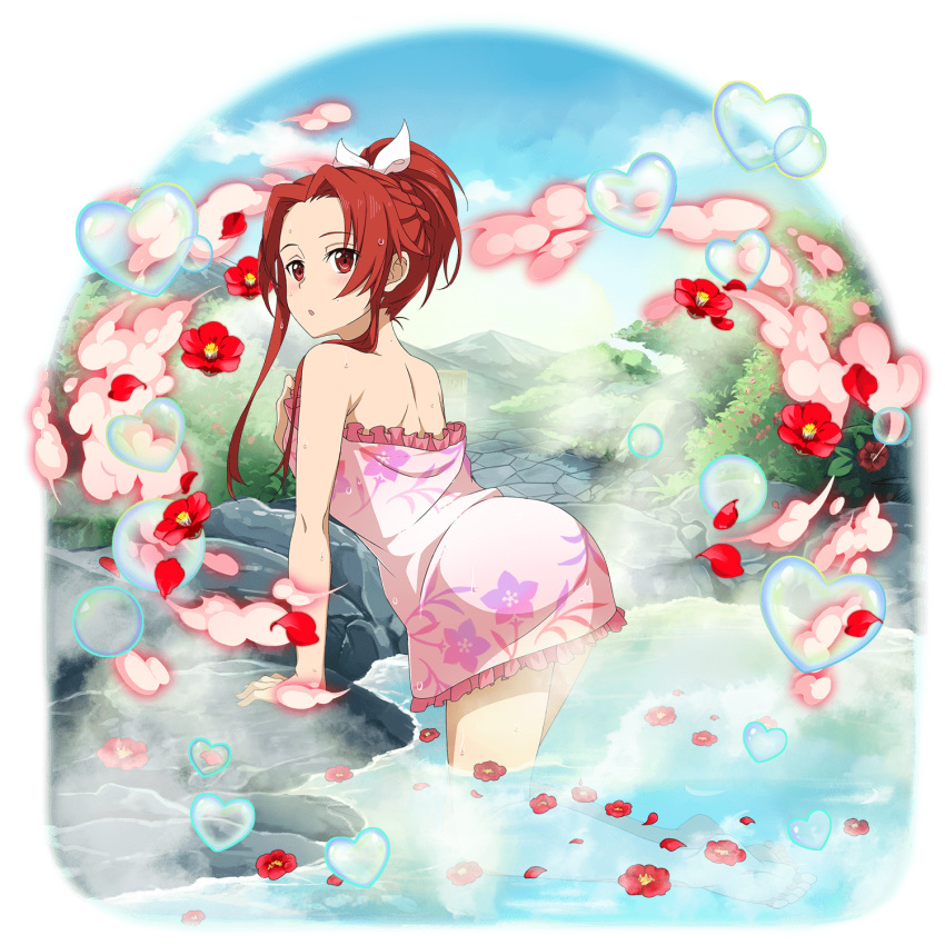 1girl, arm_support, bow, braid, floral_print, flower, frilled_towel, hair_bow