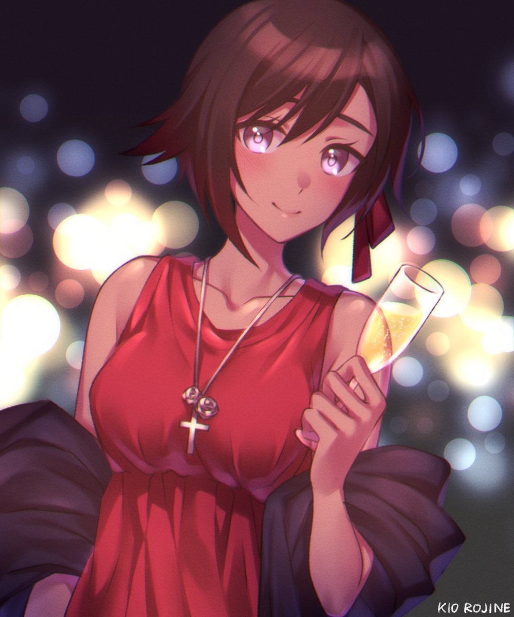 1girl, alternate_skin_color, artist_name, bangs, blurry, blurry_background, blush, brown_hair, closed_mouth, collarbone, cross, cross_necklace, cup, dark_skin, dress, drinking_glass, gradient_hair, grey_eyes, hair_between_eyes, highres, holding, holding_cup, jewelry, kio_rojine, lens_flare, looking_at_viewer, multicolored_hair, necklace, red_dress, redhead, ruby_rose, rwby, sash, shiny, shiny_hair, short_hair, sleeveless, sleeveless_dress, smile, solo, swept_bangs, upper_body, wine_glass