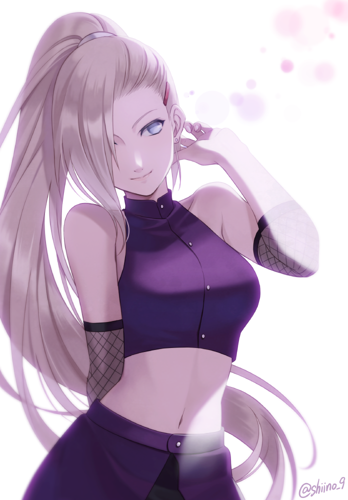 1girl, arm_behind_back, asymmetrical_bangs, bangs, blue_eyes, closed_mouth, crop_top, detached_sleeves
