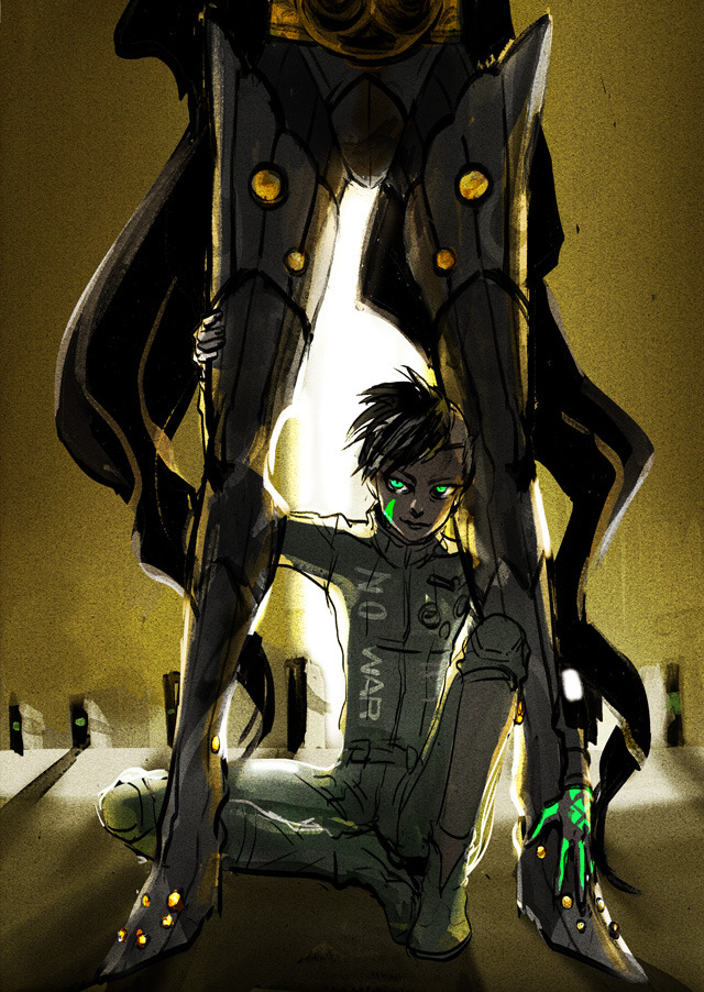 2boys, asymmetrical_clothes, belt, brown_hair, dagda, earrings, facial_mark, full_body
