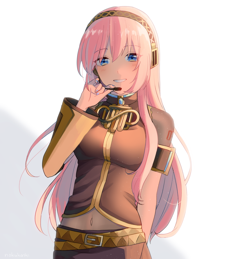 1girl, adjusting_headset, arm_at_side, armlet, backlighting, belt, black_skirt, blue_eyes