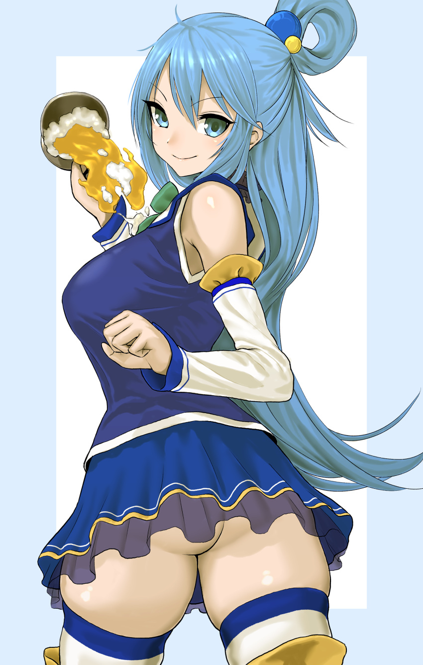 1girl, absurdres, aqua_(konosuba), ass, bangs, bare_shoulders, blue_eyes, blue_hair