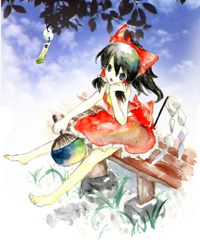 bench, black_hair, blue_eyes, bow, dress, fan, hair_bow, hairband