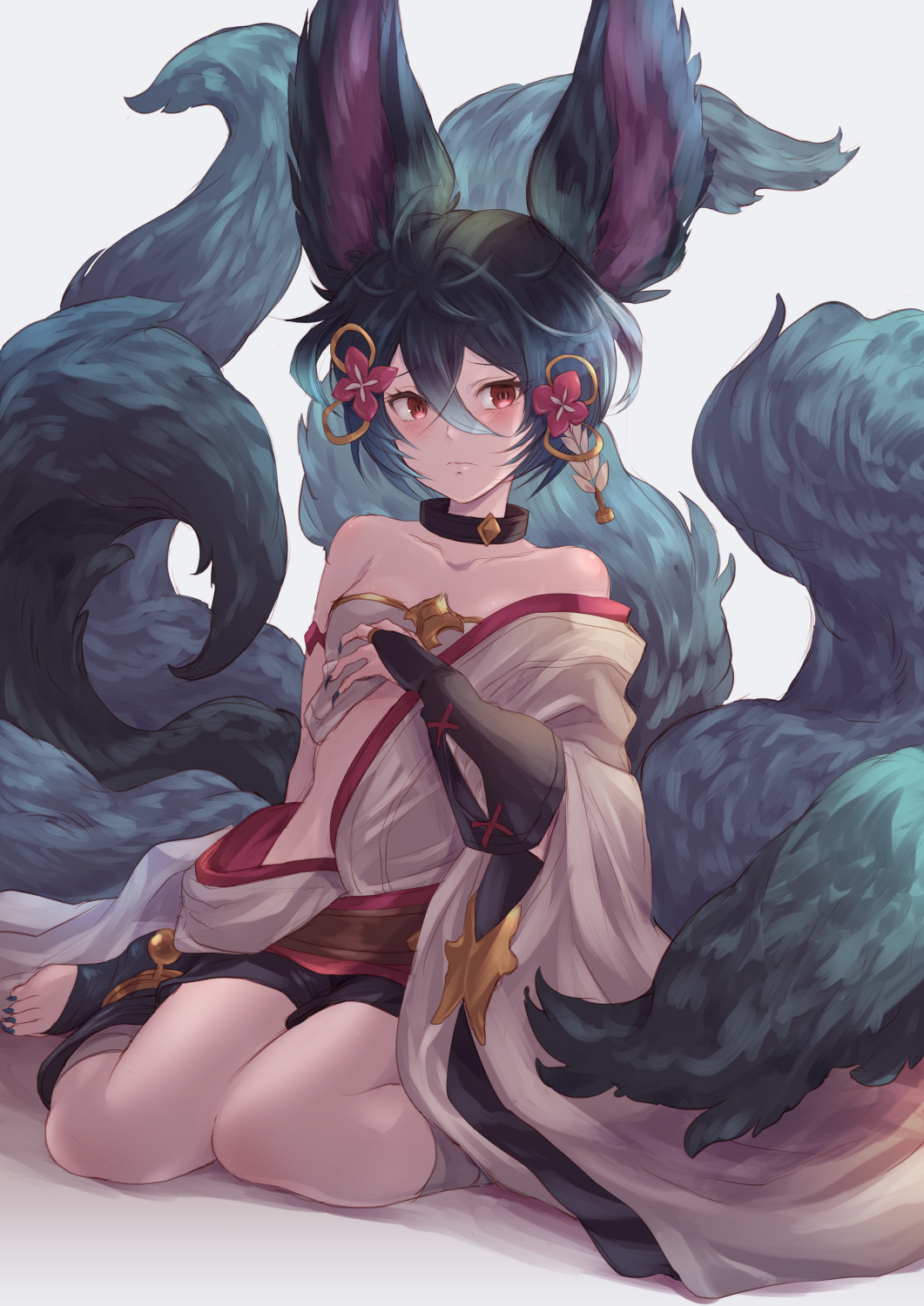 1girl, animal_ears, backless_outfit, bandaged_arm, bandages, bangs, bare_shoulders, blue_hair