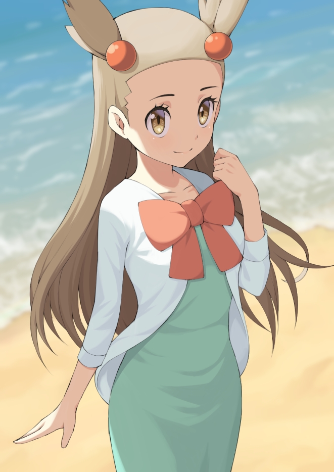 1girl, atsuyah0310, beach, bow, bowtie, brown_eyes, dress, gym_leader
