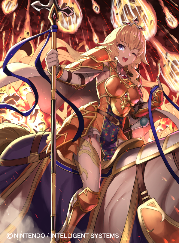 1girl, alice_(fire_emblem), armor, blonde_hair, capelet, commentary_request, company_name, copyright_name