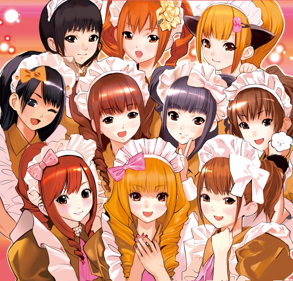 6+girls, animal_ears, bad_id, black_hair, blonde_hair, blush, brown_eyes, brown_hair, drill_hair, everyone, hat, ink0717, inkey, long_hair, maid, multiple_girls, nail_polish, open_mouth, original, ponytail, purple_hair, red_hair, redhead, ribbon, ribbons, short_hair, wink