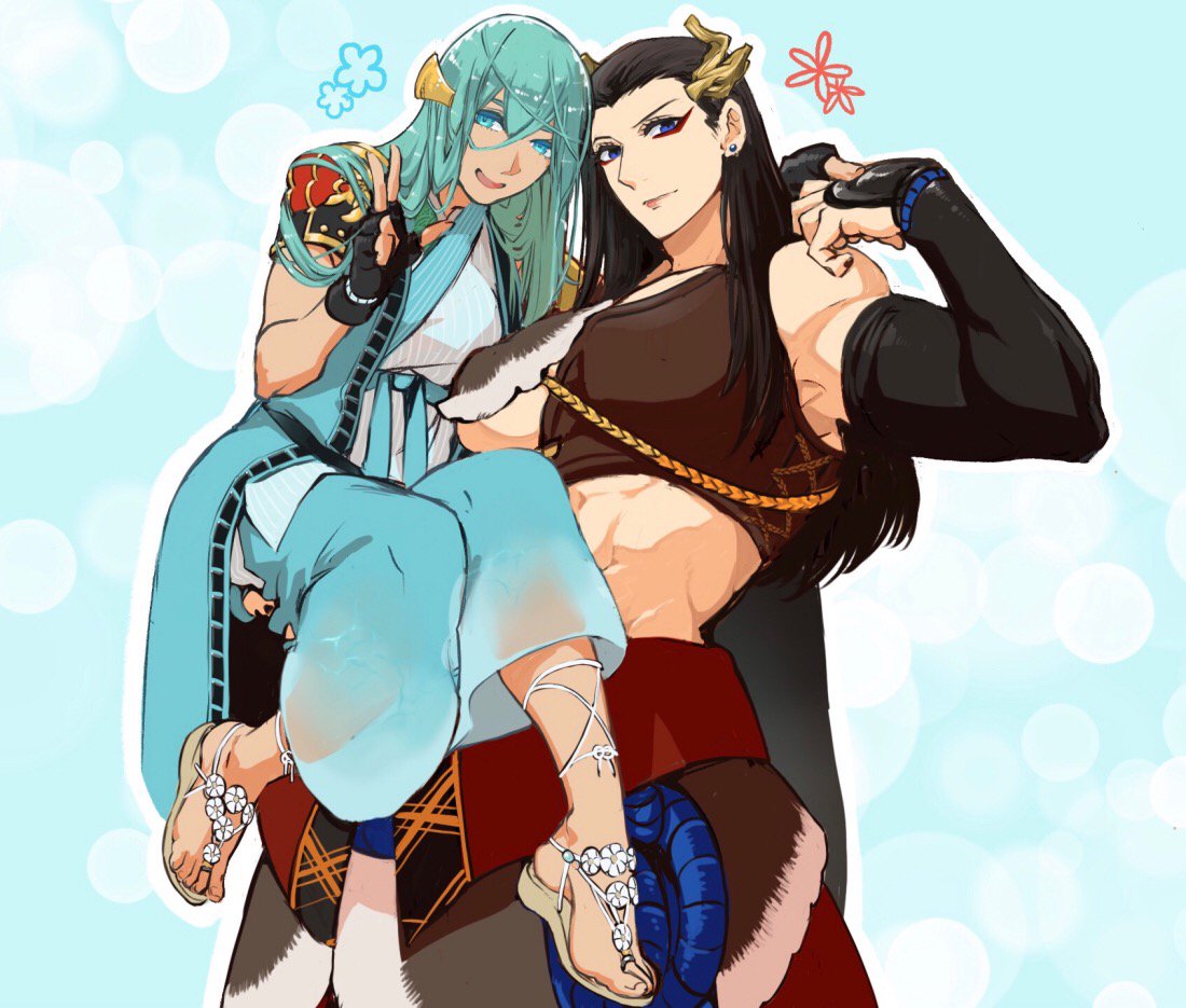 2girls, abs, aqua_eyes, aqua_hair, biceps, black_gloves, black_hair, blue_background, carrying, chiyoganemaru, closed_mouth, detached_sleeves, earrings, fingerless_gloves, genderswap, genderswap_(mtf), gloves, holding, japanese_clothes, jewelry, jip, long_hair, looking_at_viewer, multiple_girls, muscle, muscular_female, nenekirimaru, sandals, smile, touken_ranbu, v, very_long_hair