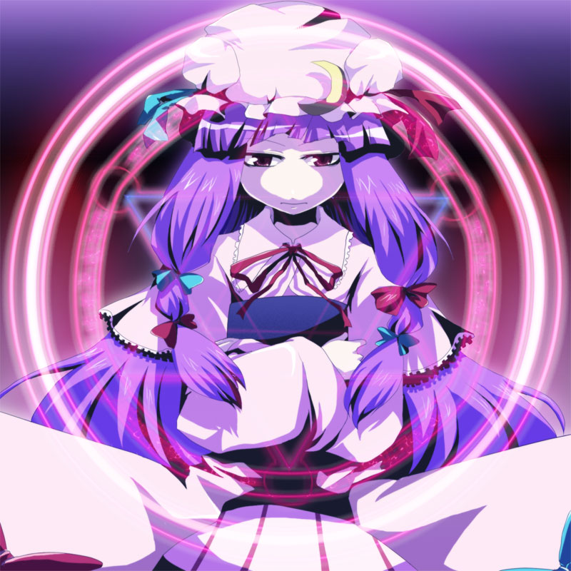 book, hat, long_hair, magic_circle, patchouli_knowledge, purple_hair, ribbon, ribbons