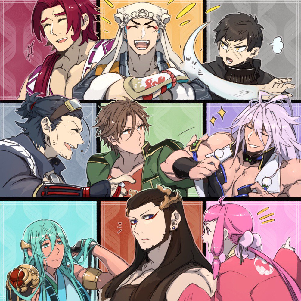 6+boys, antenna_hair, beard, brown_hair, chatan_nakiri, chiyoganemaru, doudanuki_masakuni, facial_hair