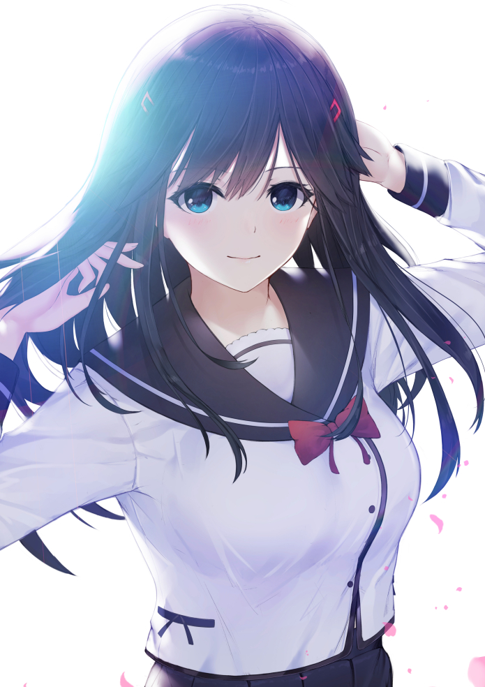 1girl, arms_up, bangs, black_hair, black_sailor_collar, blue_eyes, blush, bow