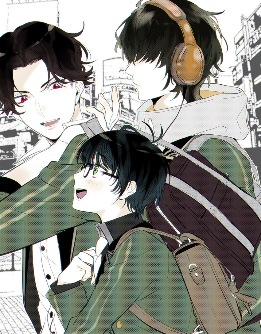3boys, black_hair, buzen_gou, glasses, green_eyes, green_hair, hair_over_eyes, height_difference