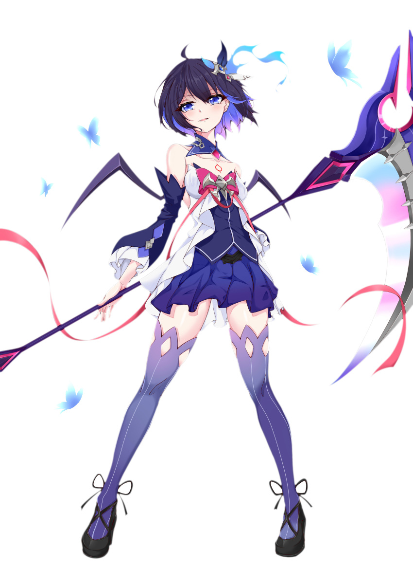 1girl, absurdres, benghuai_xueyuan, blue_eyes, blush, breasts, dress, hair_ornament, highres, honkai_(series), honkai_impact_3rd, legs, long_hair, miying_(13975192760), scythe, seele_vollerei, shoes, short_hair, small_breasts, tattoo