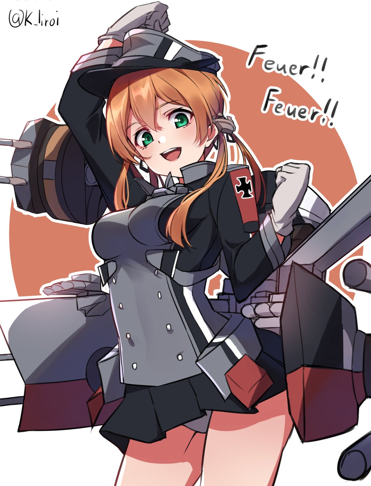 1girl, anchor_hair_ornament, black_skirt, blonde_hair, commentary_request, cowboy_shot, gloves, green_eyes