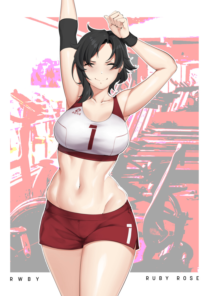 >:), 1girl, armpits, arms_up, black_hair, blush, boyshorts, breasts