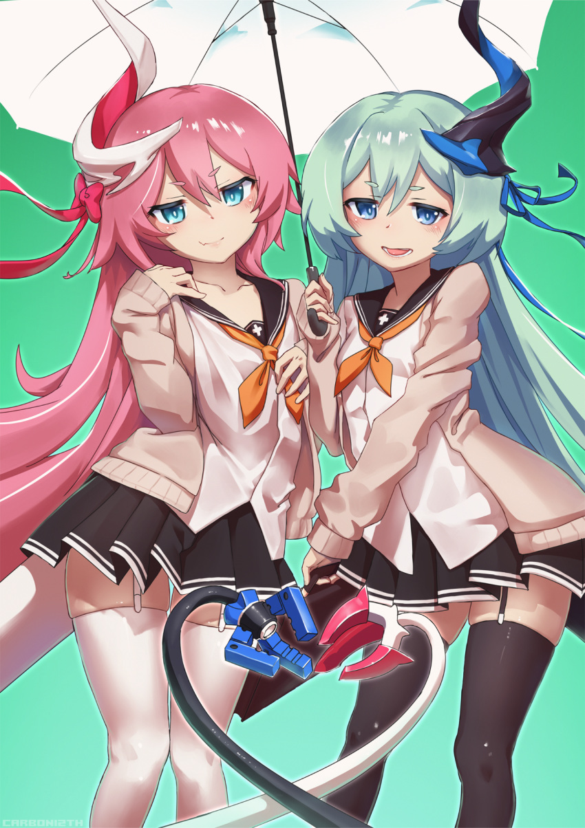 2girls, asymmetrical_horns, black_legwear, blue_eyes, carbon12th, hair_ornament, highres, honkai_(series)