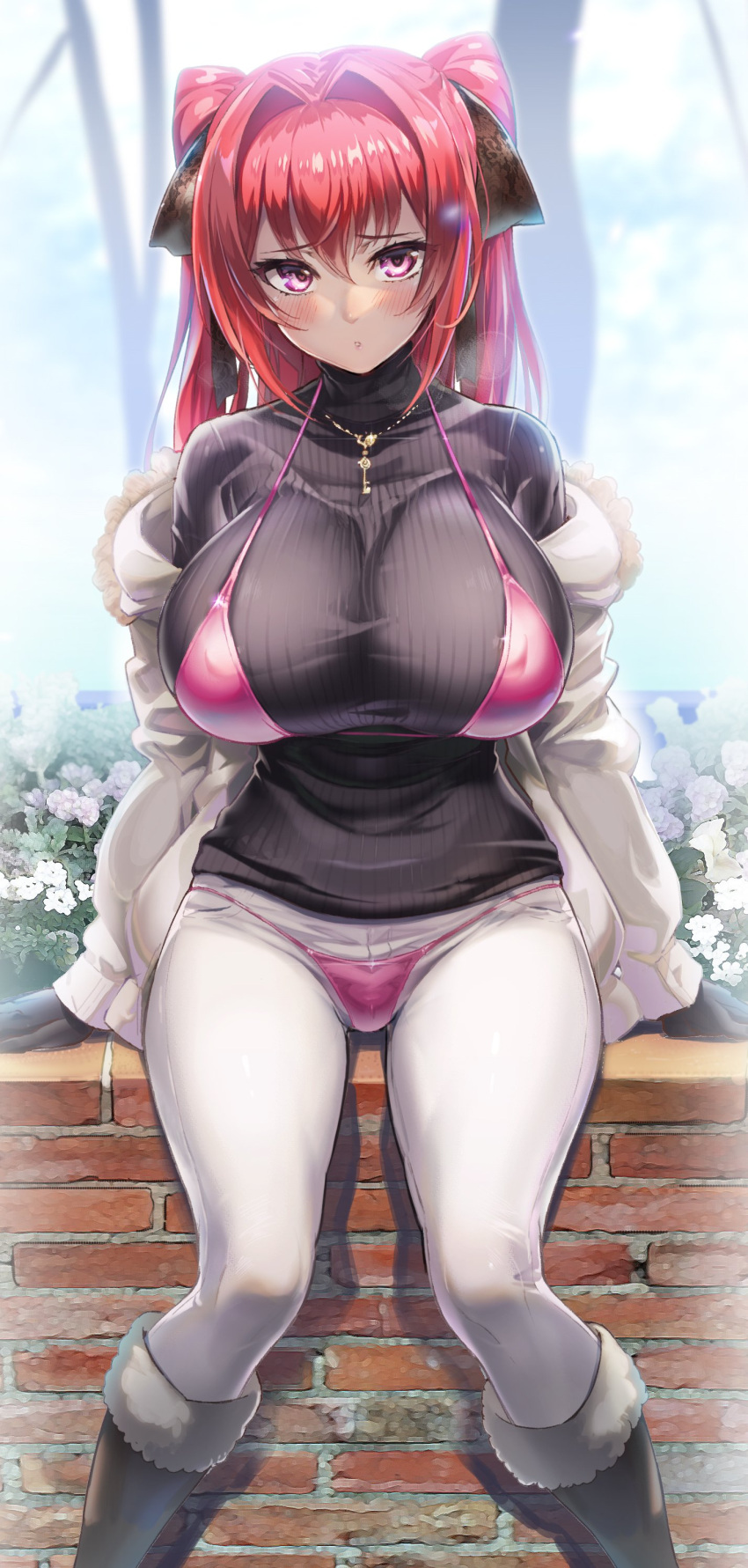 1girl, :o, absurdres, bikini, black_gloves, black_sweater, blush, boots, breasts, brown_footwear, commentary_request, covered_nipples, day, eyebrows_visible_through_hair, feet_out_of_frame, fur_trim, gloves, grey_background, hair_between_eyes, hair_intakes, halter_top, halterneck, head_tilt, highres, huge_breasts, jacket, jewelry, key_necklace, long_hair, long_sleeves, looking_at_viewer, micro_bikini, naruse_mio, necklace, off_shoulder, ookuma_(nitroplus), open_clothes, open_jacket, outdoors, pants, parted_lips, pink_bikini, red_eyes, redhead, revision, ribbed_sweater, shinmai_maou_no_testament, signature, simple_background, sitting, snowing, solo, sweater, swimsuit, swimsuit_over_clothes, turtleneck, turtleneck_sweater, white_jacket, white_pants