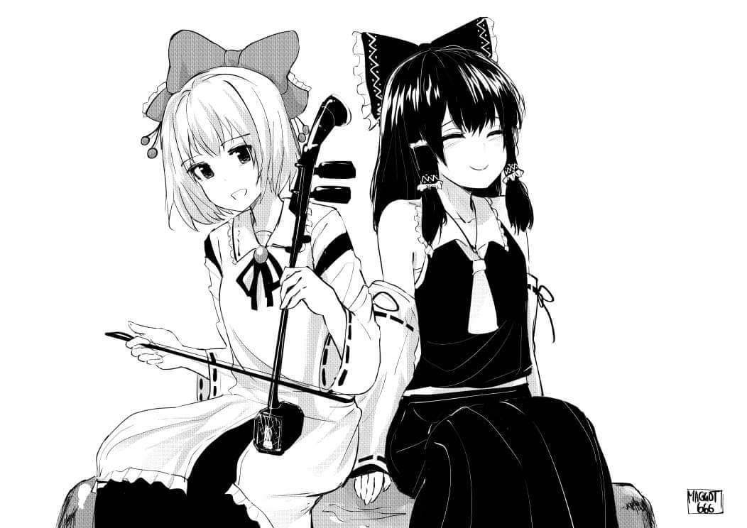 2girls, bow, commission, commissioner_upload, detached_sleeves, flat_chest, greyscale, hair_bow