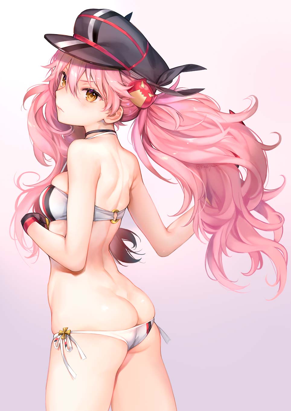 1girl, ass, azur_lane, back, bare_shoulders, bikini, black_gloves, black_headwear