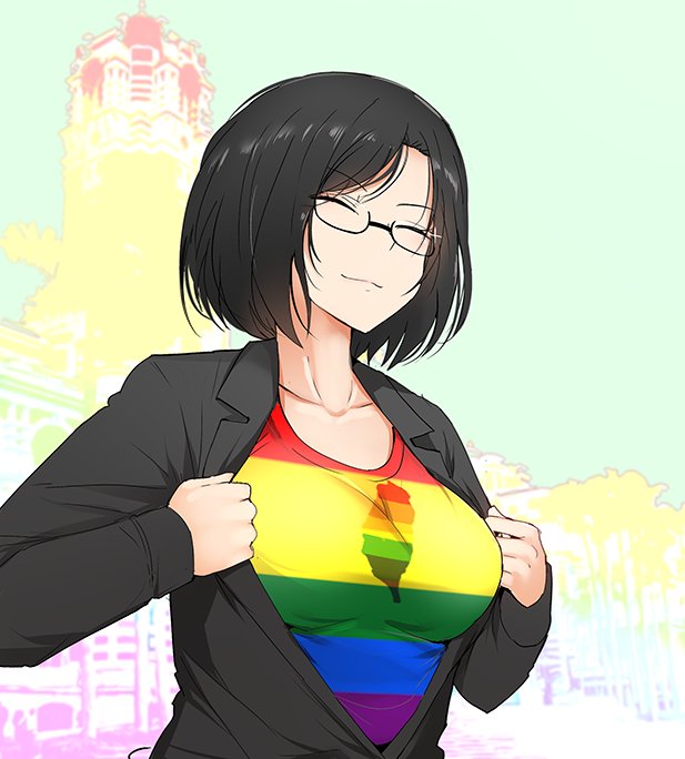 1girl, black-framed_eyewear, black_hair, breasts, closed_eyes, collarbone, commentary, english_commentary