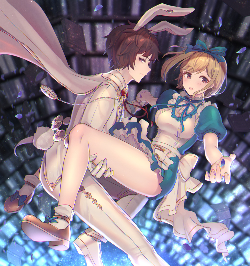 1boy, 1girl, alice_in_wonderland, animal_ears, blonde_hair, book, bookshelf, bow