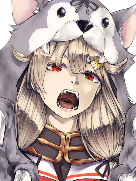 1girl, animal_hood, black_ribbon, black_serafuku, blonde_hair, fangs, gloves, hair_flaps