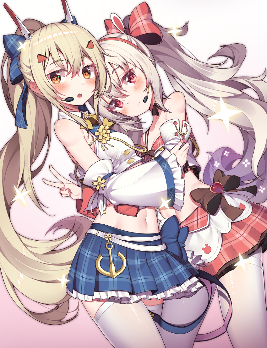 2girls, absurdres, ayanami_(azur_lane), ayanami_(troubled_star_idol)_(azur_lane), azur_lane, bangs, bare_shoulders, blonde_hair, blush, breasts, crop_top, detached_collar, detached_sleeves, hair_between_eyes, hair_ribbon, hairband, highres, hop3, hug, laffey_(azur_lane), laffey_(halfhearted_bunny_idol)_(azur_lane), lavender_hair, long_hair, long_ponytail, looking_at_viewer, midriff, multiple_girls, navel, plaid, plaid_skirt, pleated_skirt, ponytail, red_eyes, ribbon, sidelocks, skirt, small_breasts, symbol-shaped_pupils, thigh-highs, twintails, v, very_long_hair, white_legwear, wide_sleeves, yellow_eyes