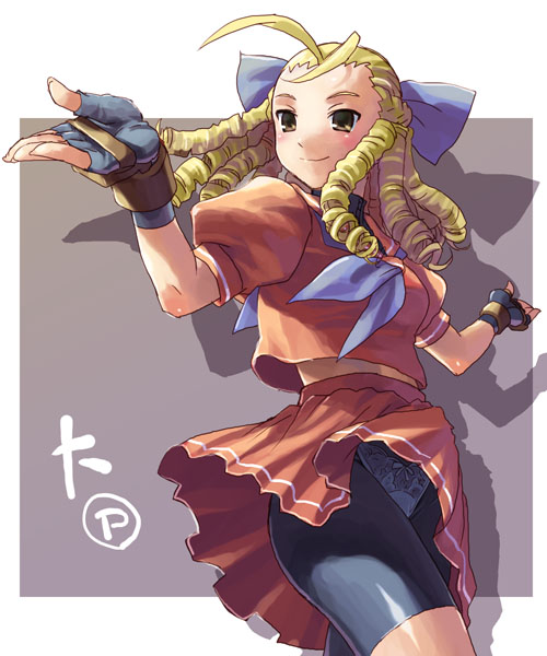 antenna_hair, bike_shorts, blonde_hair, brown_eyes, fingerless_gloves, gloves, kanzuki_karin, katahira_masashi